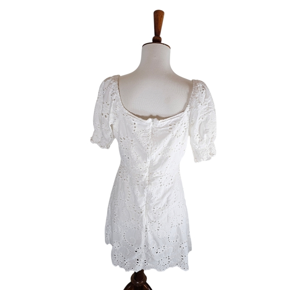 7 For All Mankind White Eyelet Boho‎ Cottagecore Puff Sleeve Mini Dress S - Picture 3 of 9